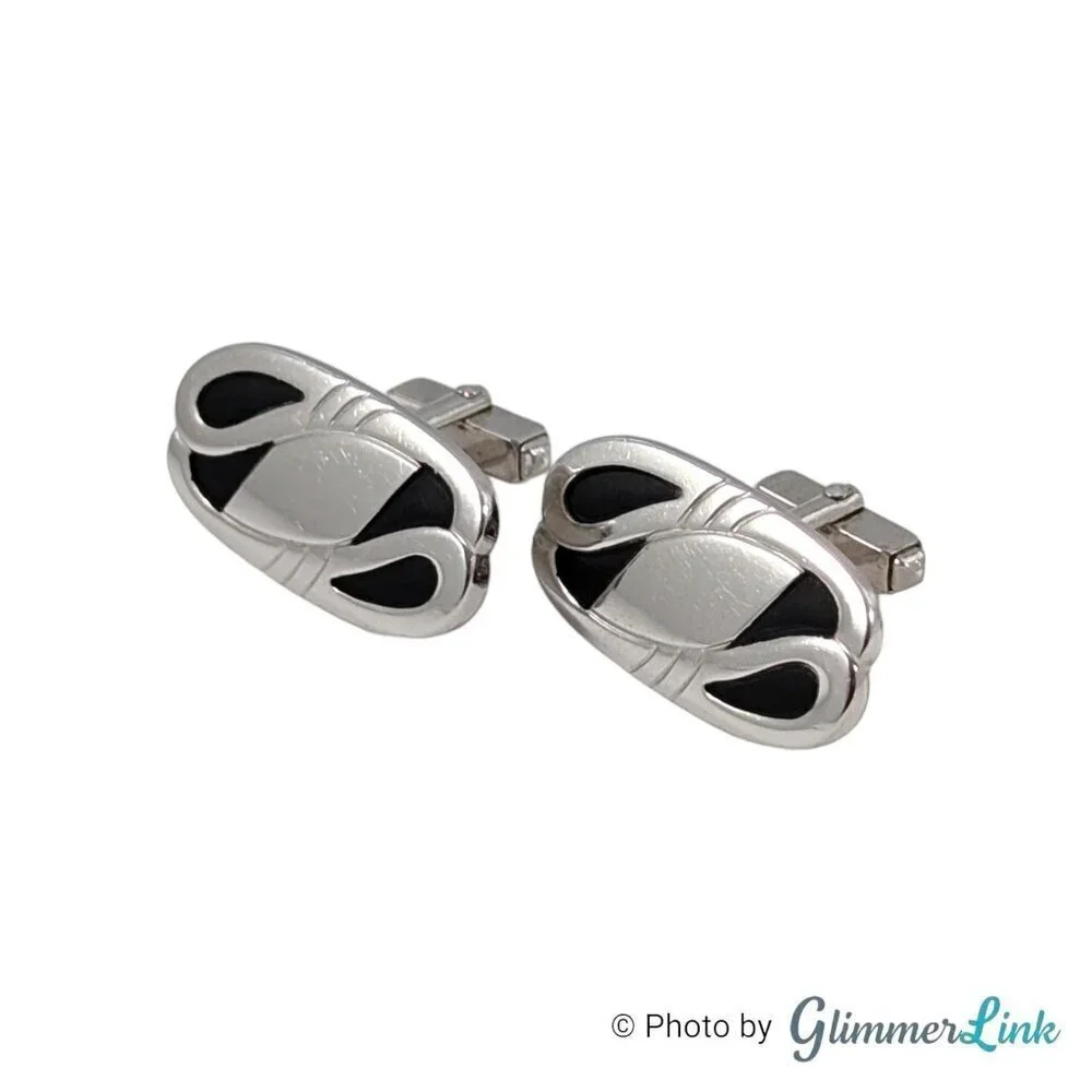 Vintage Anson Oblong Black Enamel Engravable Swirl Silver Tone Cufflinks